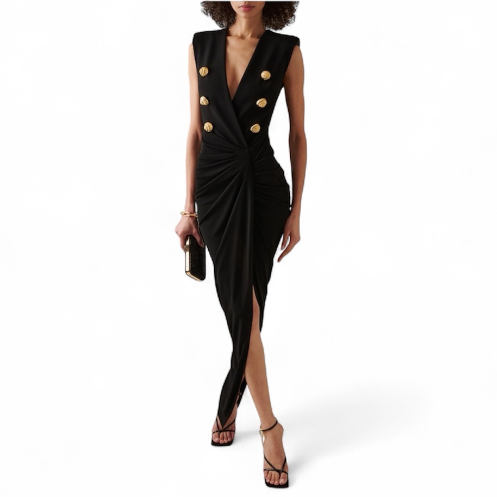 Balmain
Faux-Button Draped Maxi Dress